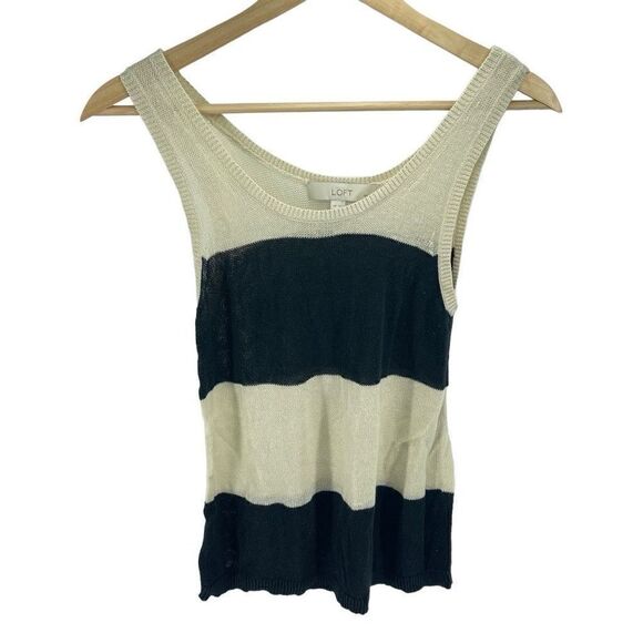 LOFT Women's Linen Blend Knit Stripe Tank Top Black and White Medium Petite - Picture 1 of 6